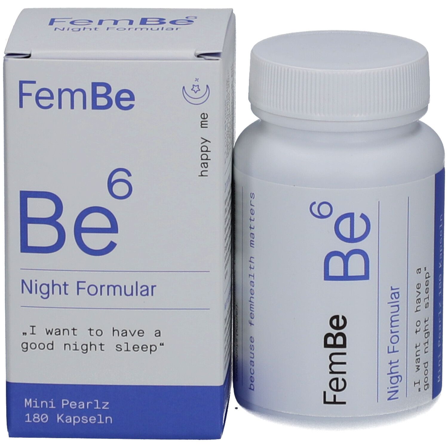 Produktverpackung mit Flasche und Schachtel. Aufschrift: FemBe Be⁶ Night Formular, Mini Pearlz 180 Kapseln.