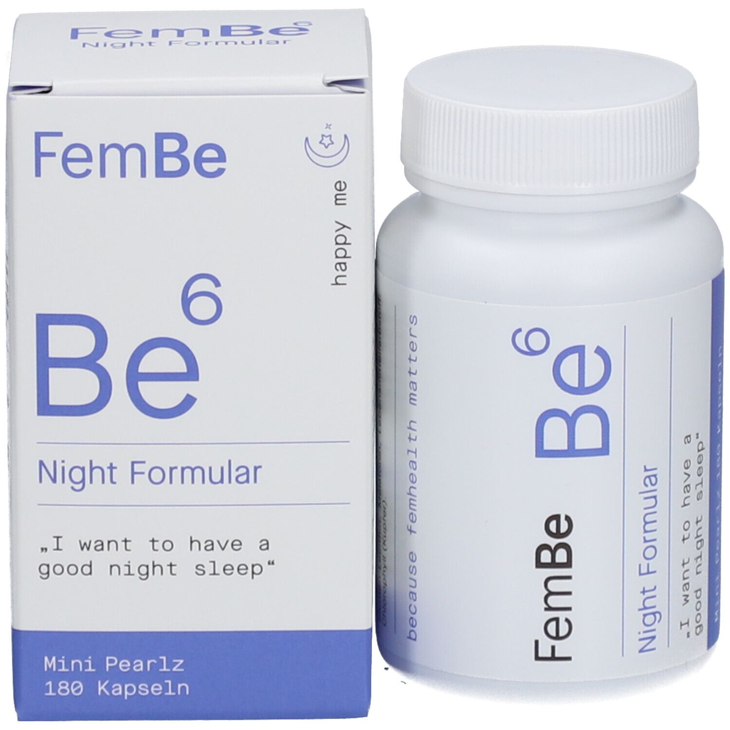Produktverpackung mit Flasche und Schachtel. Aufschrift: FemBe Be⁶ Night Formular, Mini Pearlz 180 Kapseln.