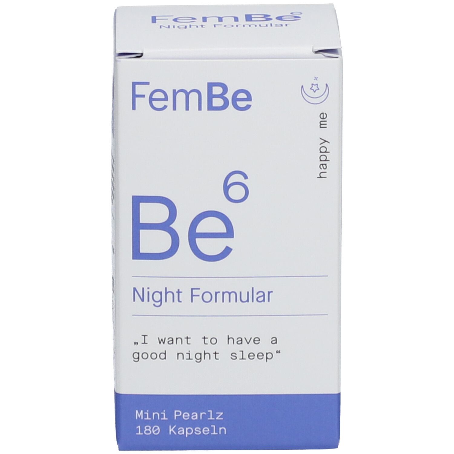 Produktverpackung. Aufschrift: FemBe Be⁶ Night Formular, Mini Pearlz 180 Kapseln.
