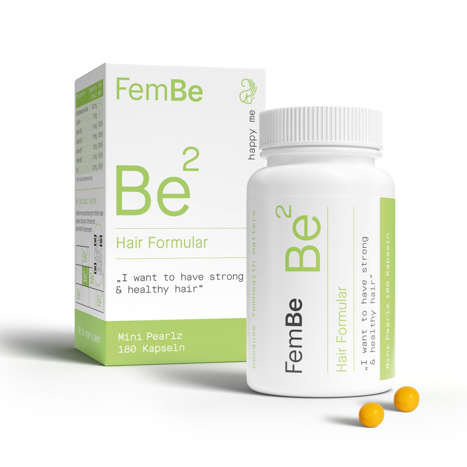 FemBe Be² Hair Formular Mini Pearlz. Weiße Flasche und Schachtel. 180 Kapseln. Gelbe Kapseln.