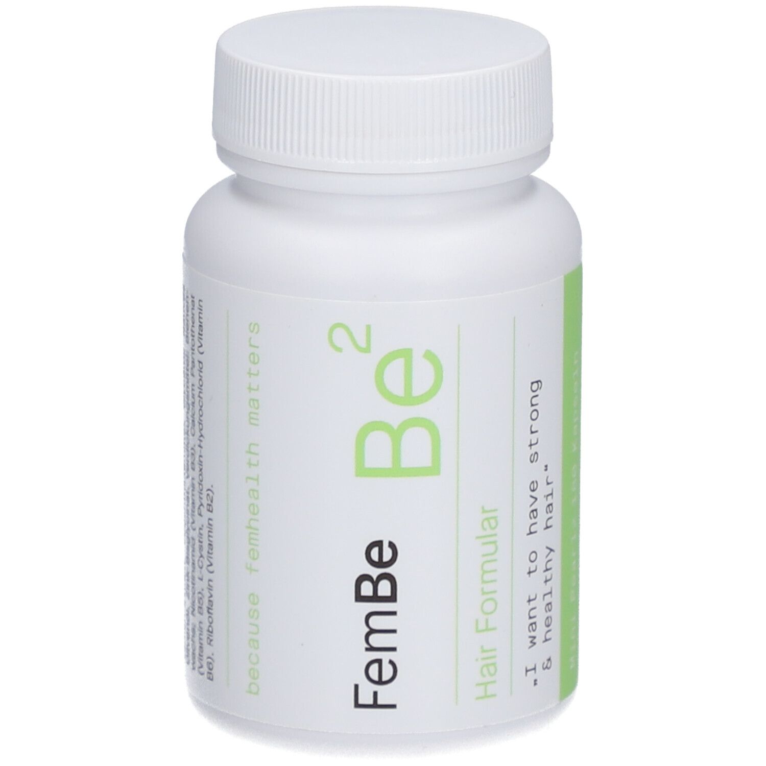 Weiße Flasche mit grünem Etikett. Aufschrift: FemBe Be² Hair Formular. Kapseln für starkes und gesundes Haar.