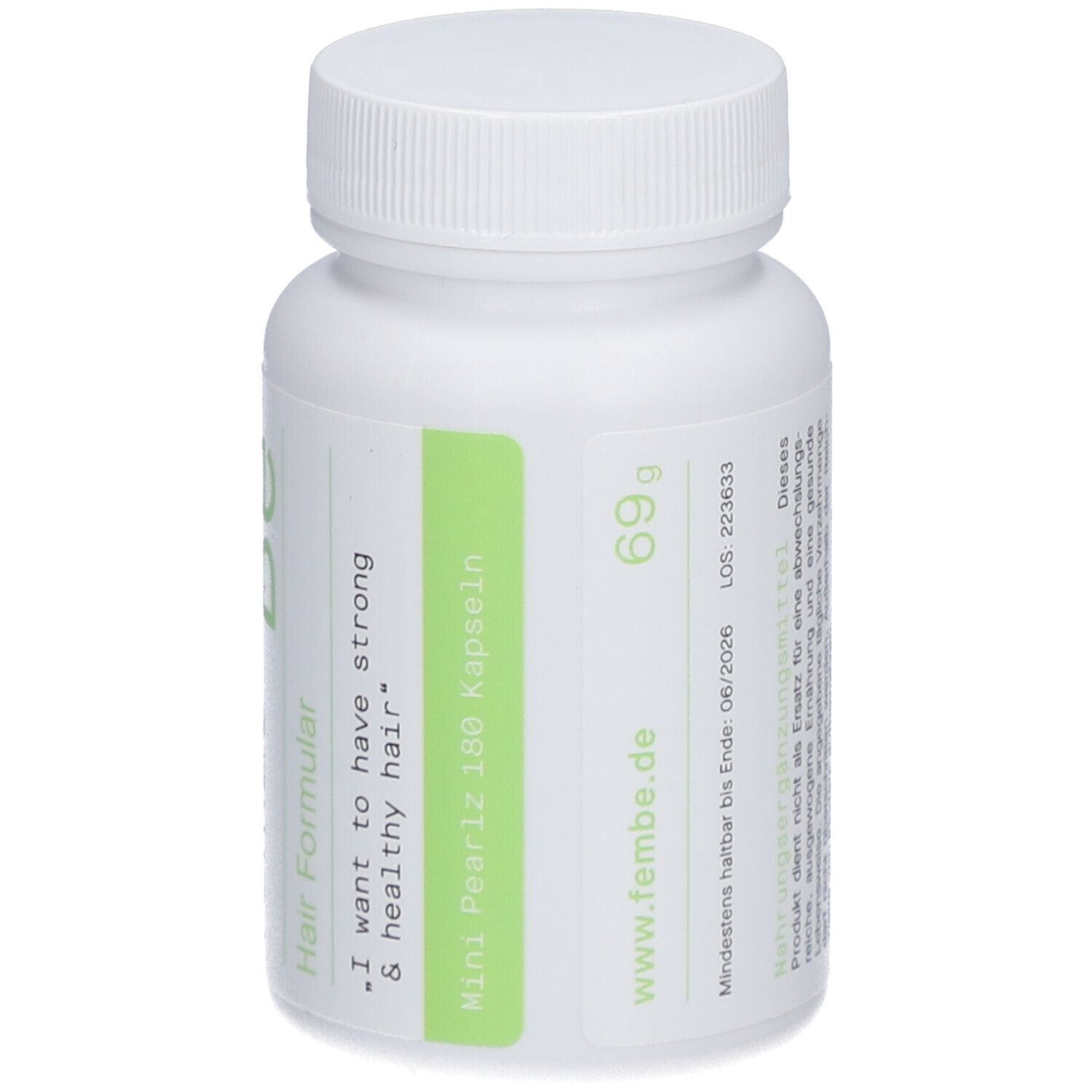 Weiße Flasche mit grünem Etikett. Aufschrift: FemBe Hair Formular. 180 Kapseln. Gewicht: 69g. Mindesthaltbarkeit bis 06/2026.