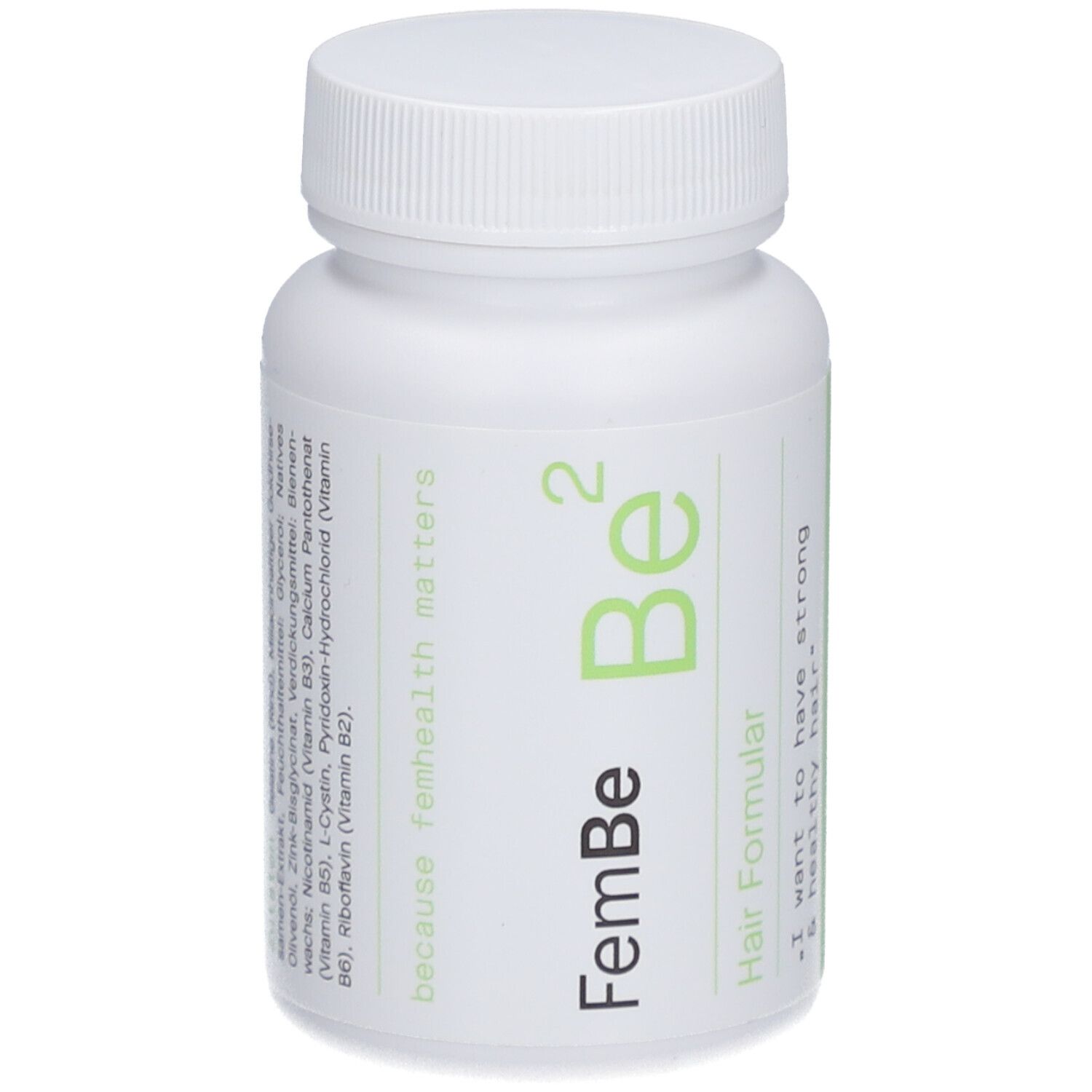 Weiße Flasche mit grünem Etikett. Aufschrift: FemBe Be² Hair Formular. Kapseln für starkes und gesundes Haar.