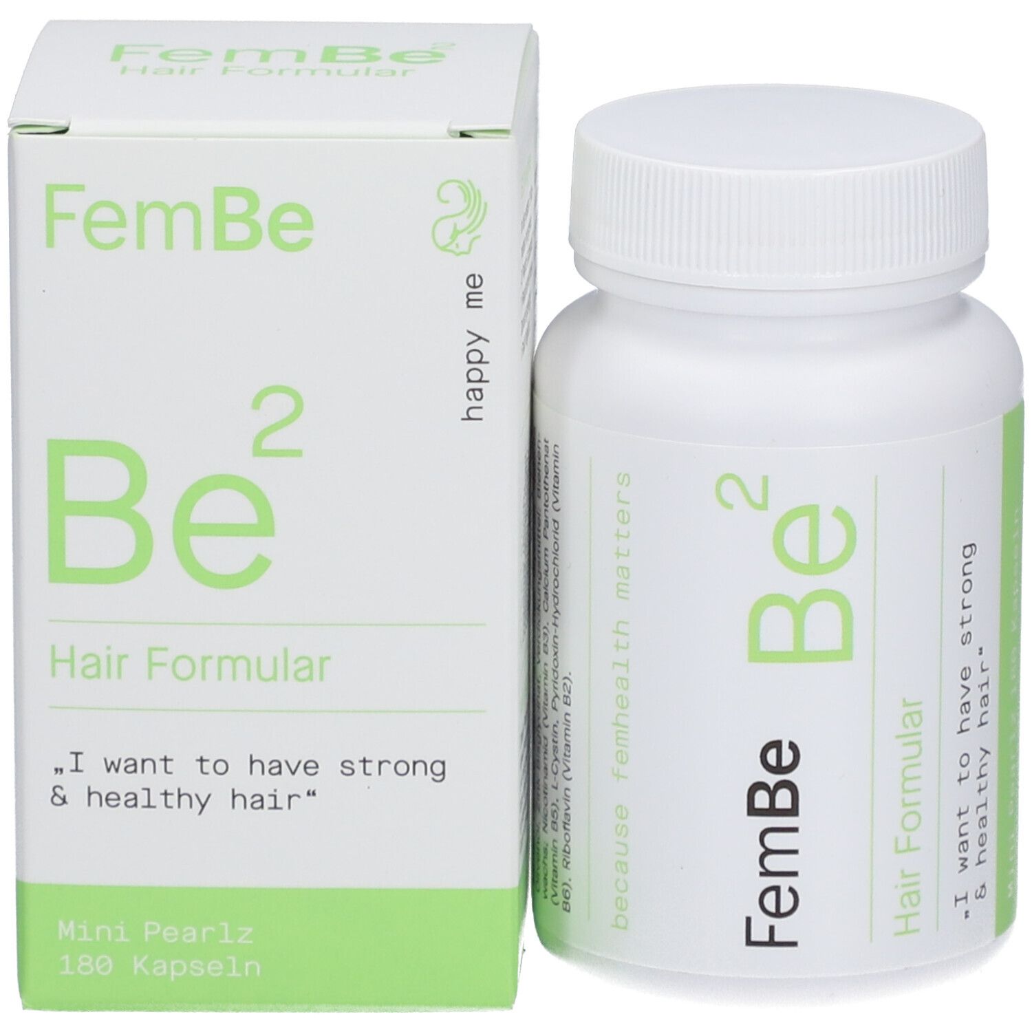 Produktverpackung: Flasche und Schachtel. Aufschrift: FemBe Be² Hair Formular. Kapseln für starkes und gesundes Haar.