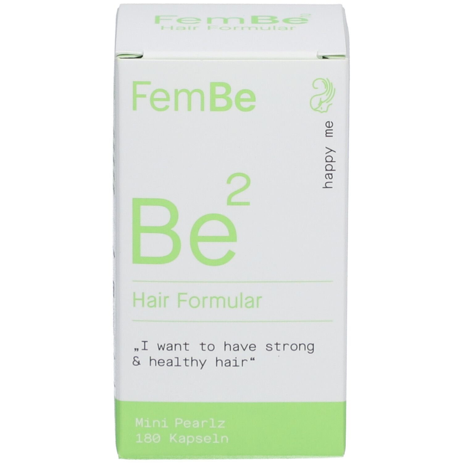 Grüne und weiße Schachtel. Aufschrift: FemBe Be² Hair Formular. Kapseln für starkes und gesundes Haar. 180 Kapseln.