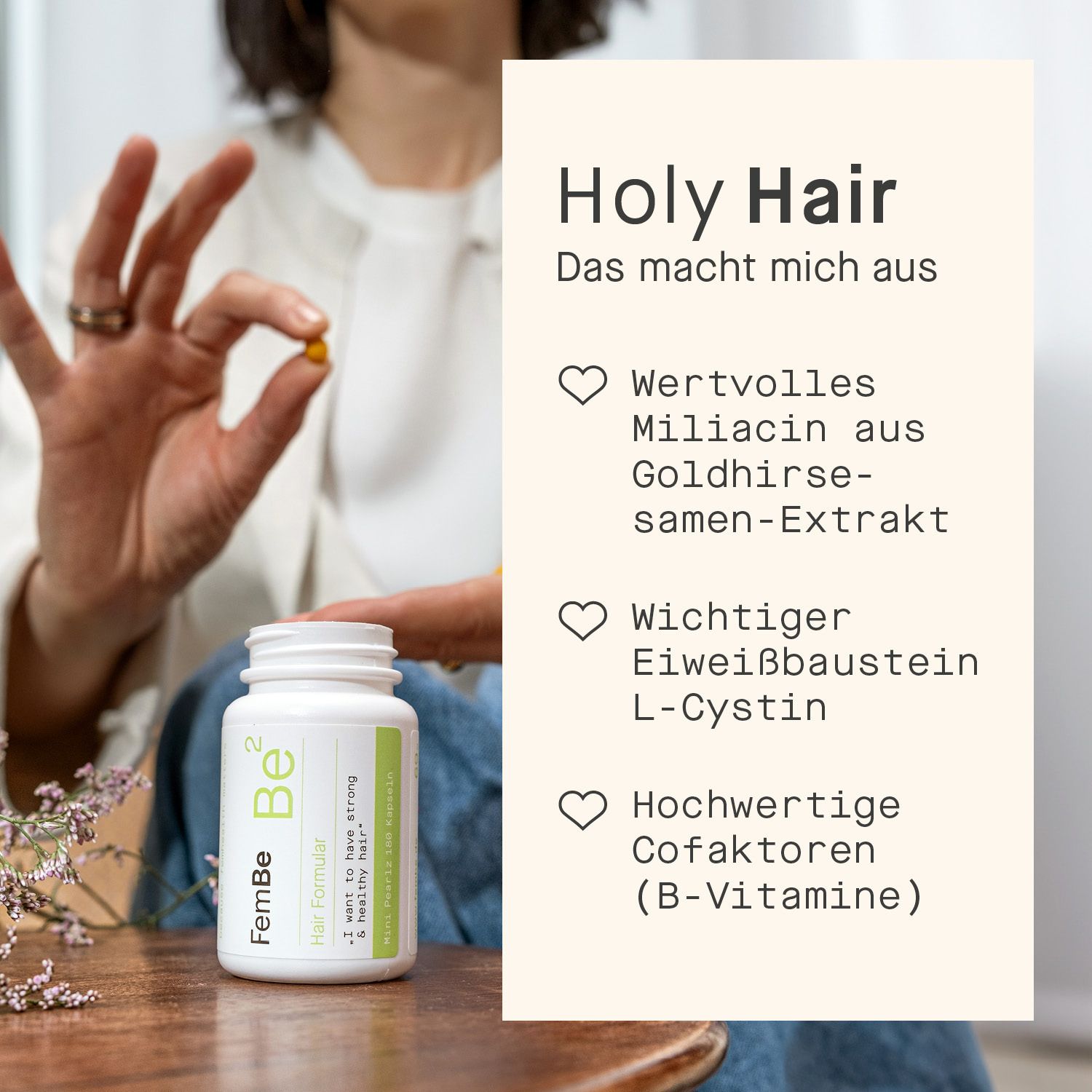 Produktinformationen. Flasche mit Kapsel. Inhaltsstoffe: Miliacin, L-Cystin, B-Vitamine.
