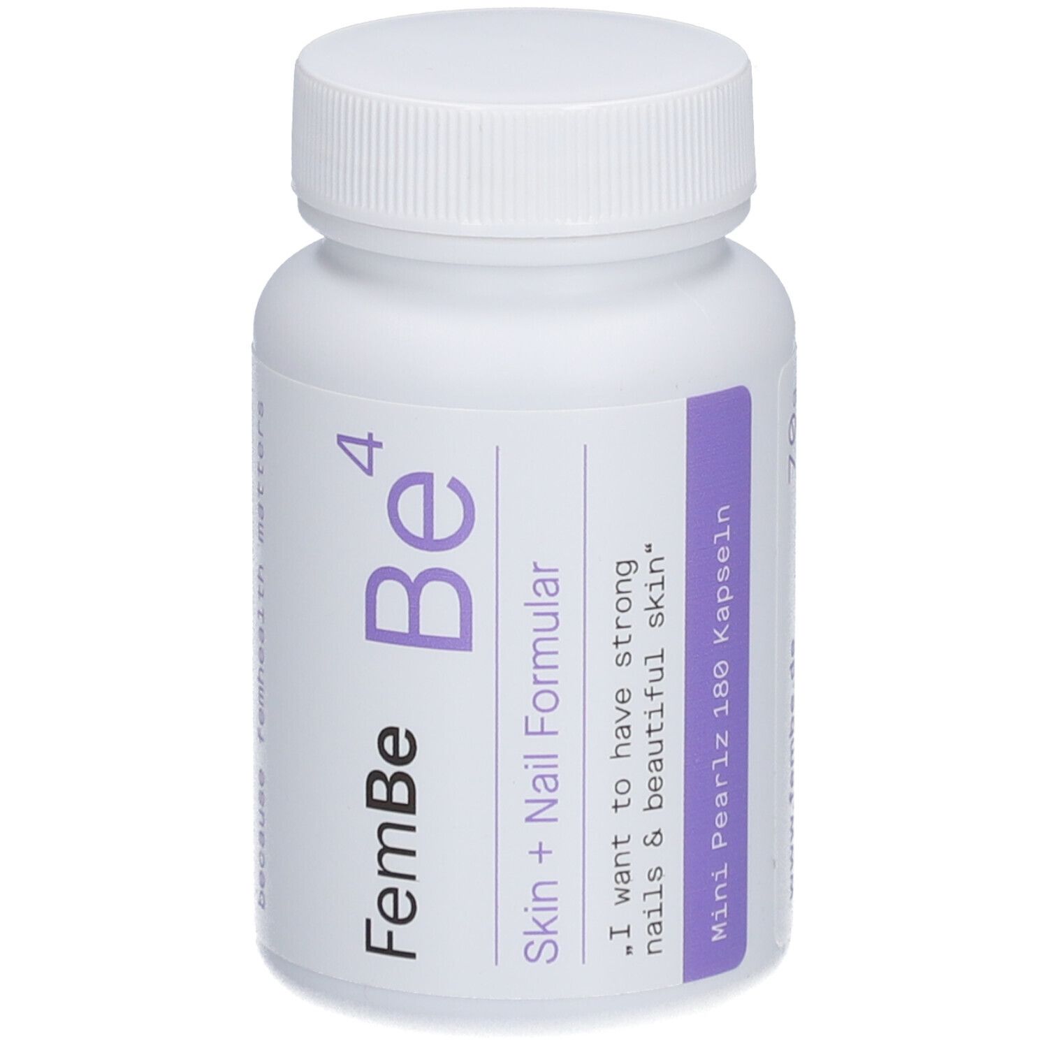 Weiße Flasche mit Schraubverschluss. Aufkleber mit Produktnamen FemBe Be⁴ Skin + Nail Formular. Mini Pearlz 180 Kapseln.