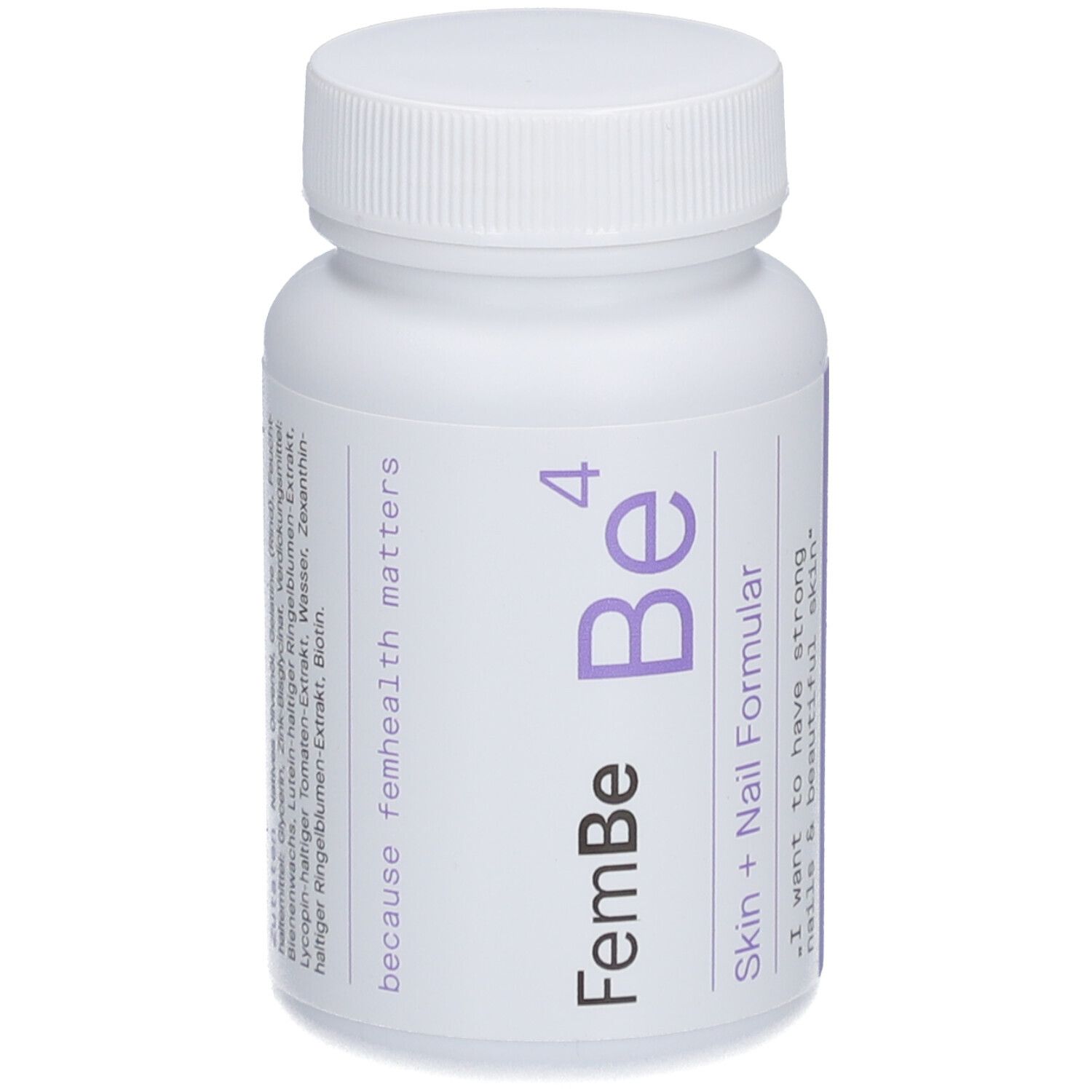 Weiße Flasche mit Schraubverschluss. Aufkleber mit Produktnamen FemBe Be⁴ Skin + Nail Formular. Mini Pearlz.