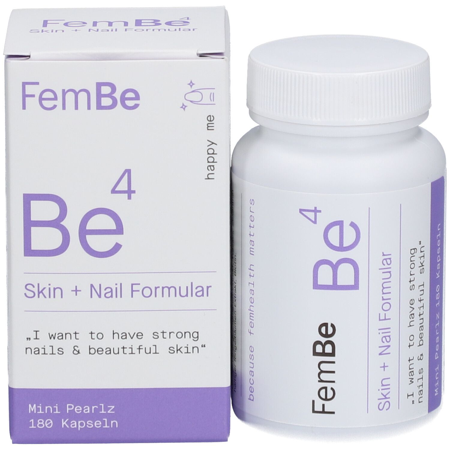 Produktflasche und -verpackung. Weiße Flasche und Schachtel mit Produktnamen FemBe Be⁴ Skin + Nail Formular. Mini Pearlz.