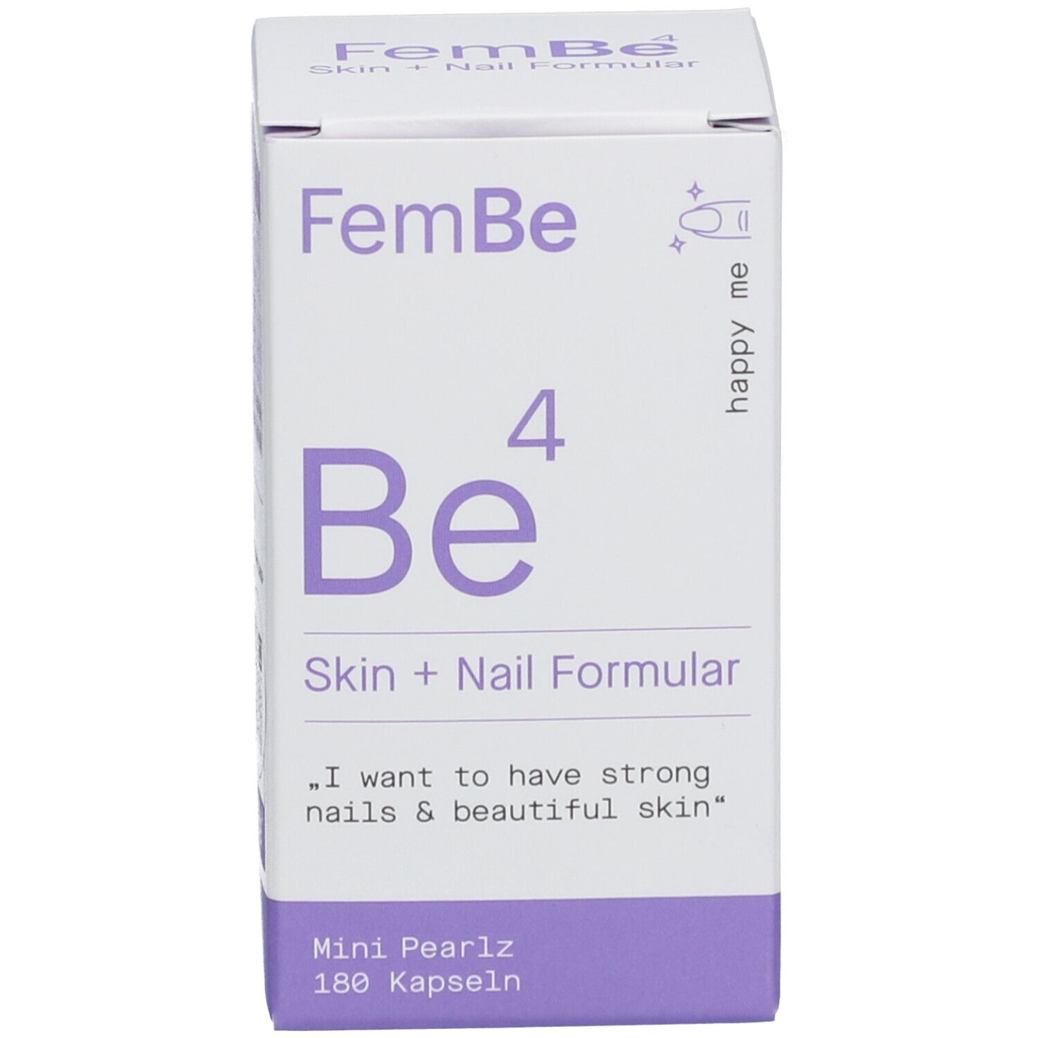Produktverpackung. Weiße Schachtel mit Produktnamen FemBe Be⁴ Skin + Nail Formular. Mini Pearlz 180 Kapseln.