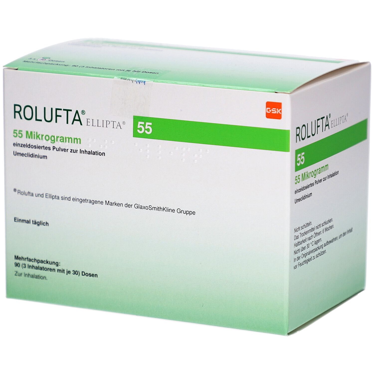 ROLUFTA Ellipta 55 Mikrogramm, einzeldosiertes Pulver zur Inhalation, Packung. Grün-weiße Schachtel mit Produktinformationen.