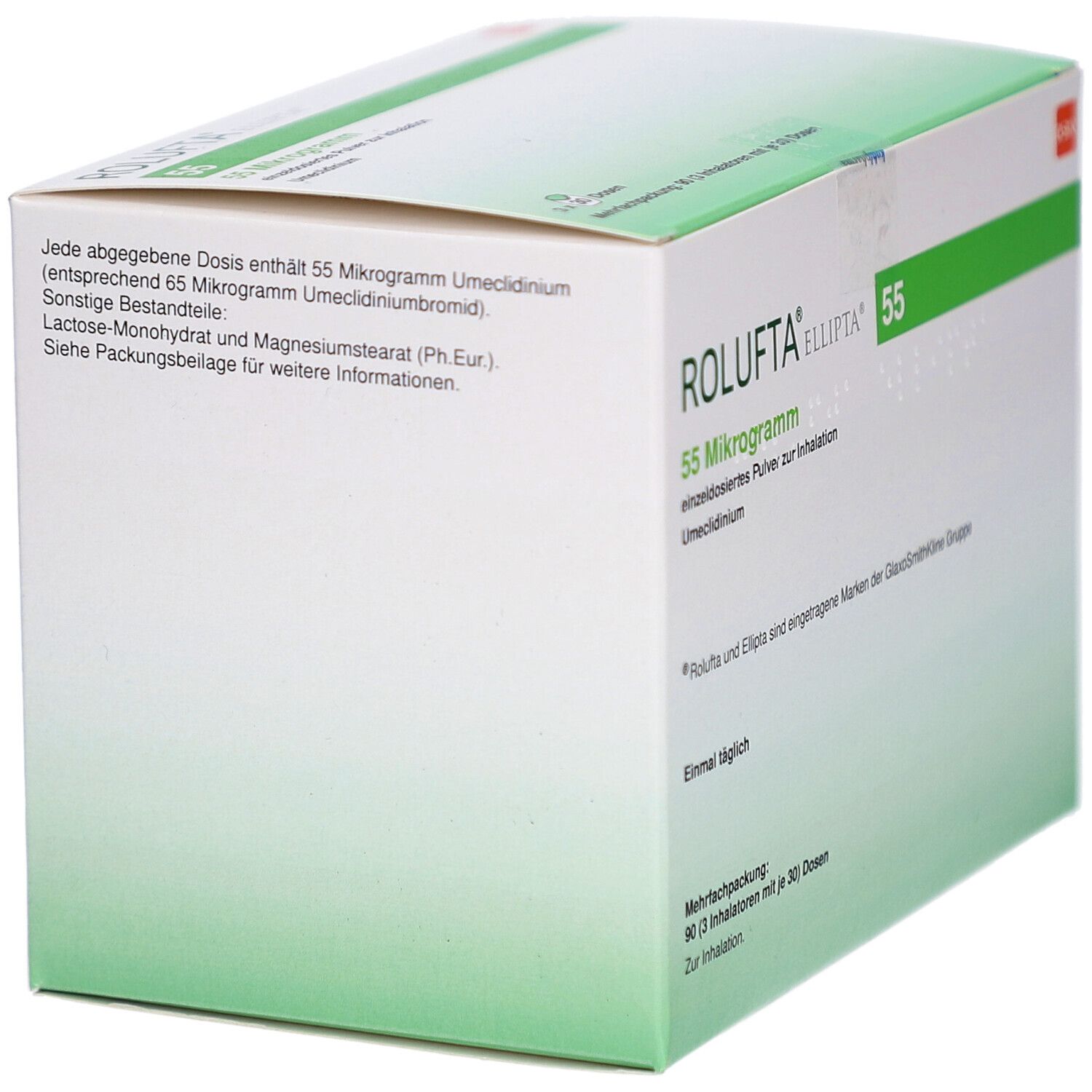 ROLUFTA Ellipta 55 Mikrogramm, einzeldosiertes Pulver zur Inhalation, Packung. Ansicht der Seite mit Inhaltsstoffen.