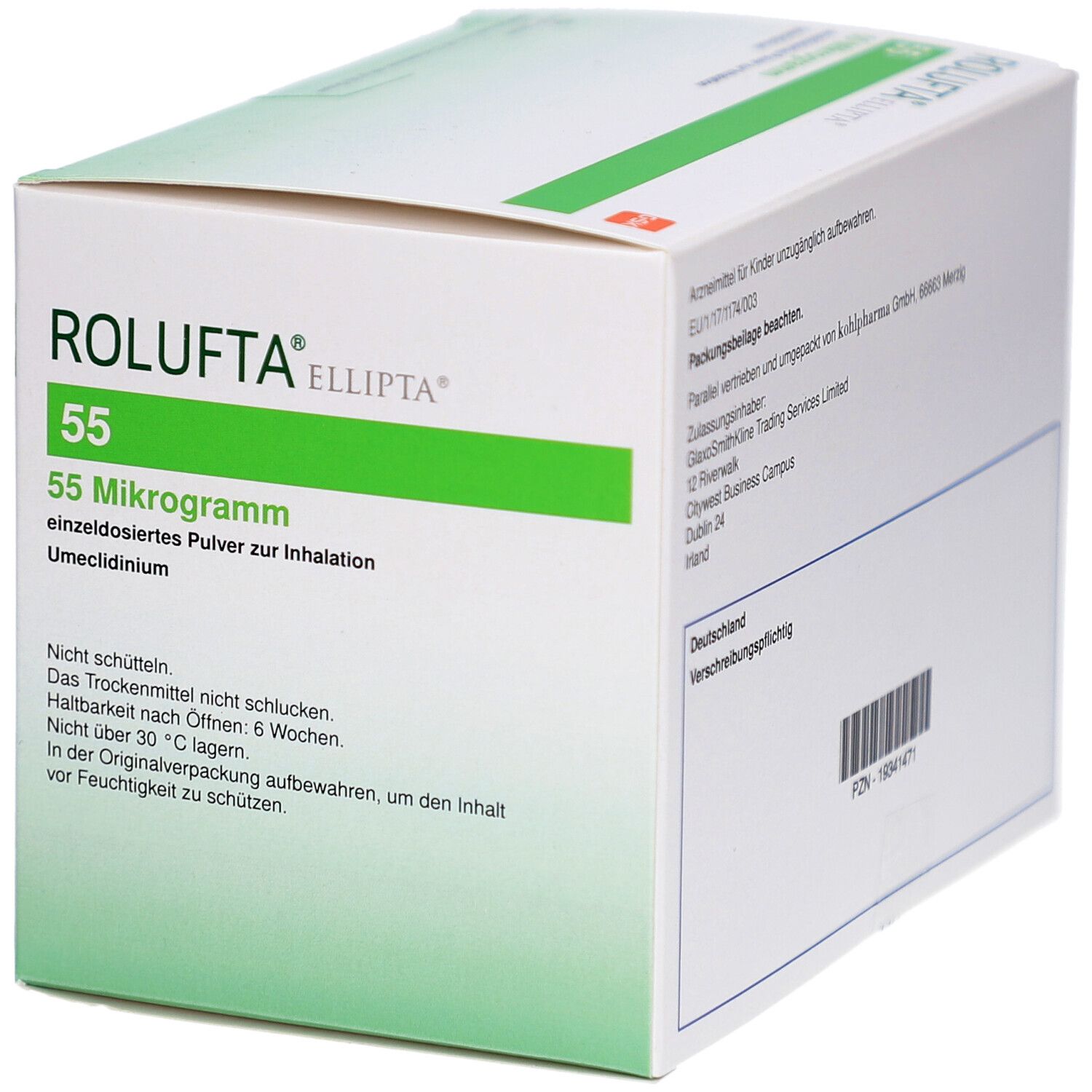 ROLUFTA Ellipta 55 Mikrogramm, einzeldosiertes Pulver zur Inhalation, Packung. Ansicht mit Warnhinweisen und Herstelleradresse.