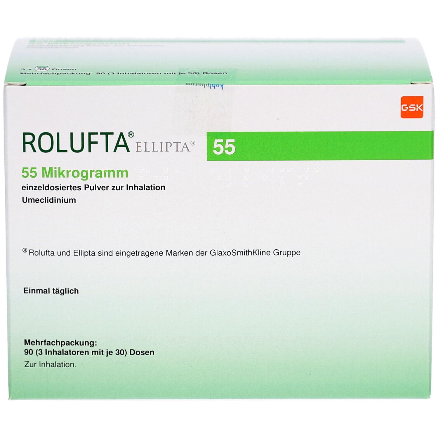 ROLUFTA Ellipta 55 Mikrogramm, einzeldosiertes Pulver zur Inhalation, Packung. Grün-weiße Schachtel mit Produktinformationen.