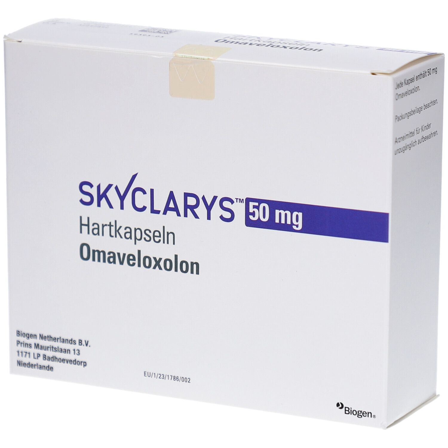 Weiße Schachtel mit SKYCLARYS 50 mg Hartkapseln, Omaveloxolon. Biogen-Logo unten rechts.