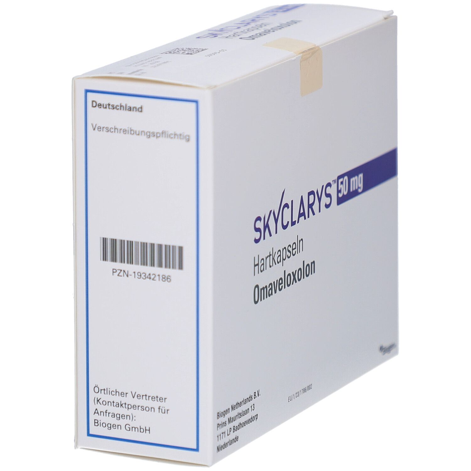 Weiße Schachtel mit SKYCLARYS 50 mg Hartkapseln, Omaveloxolon. Barcode und Text 'Verschreibungspflichtig'.