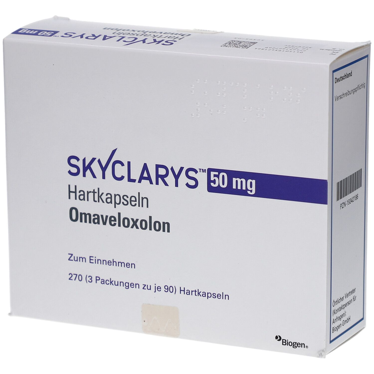 Weiße Schachtel mit SKYCLARYS 50 mg Hartkapseln, Omaveloxolon. Text 'Zum Einnehmen' und '270 Hartkapseln'.