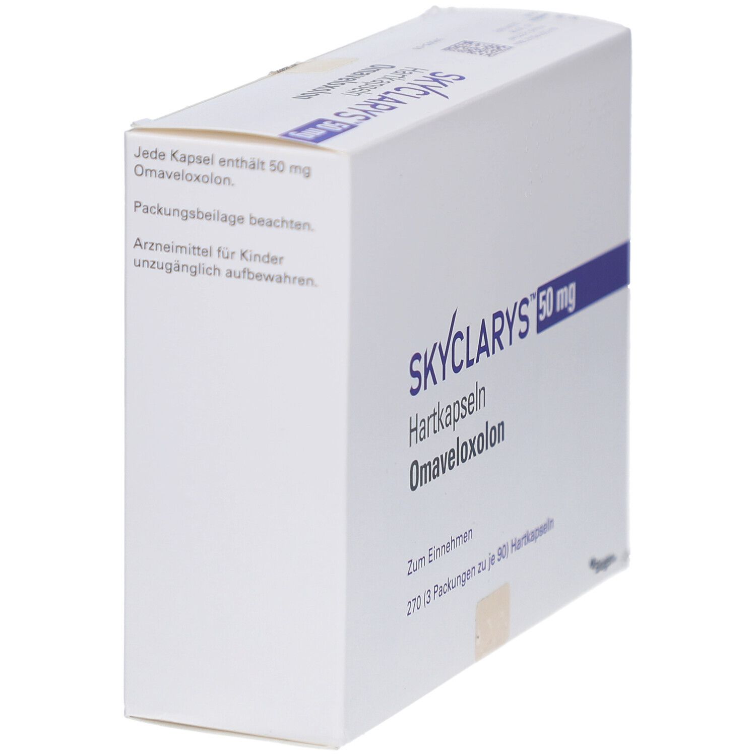 Weiße Schachtel mit SKYCLARYS 50 mg Hartkapseln, Omaveloxolon. Text 'Jade Kapsel enthält 50 mg'.