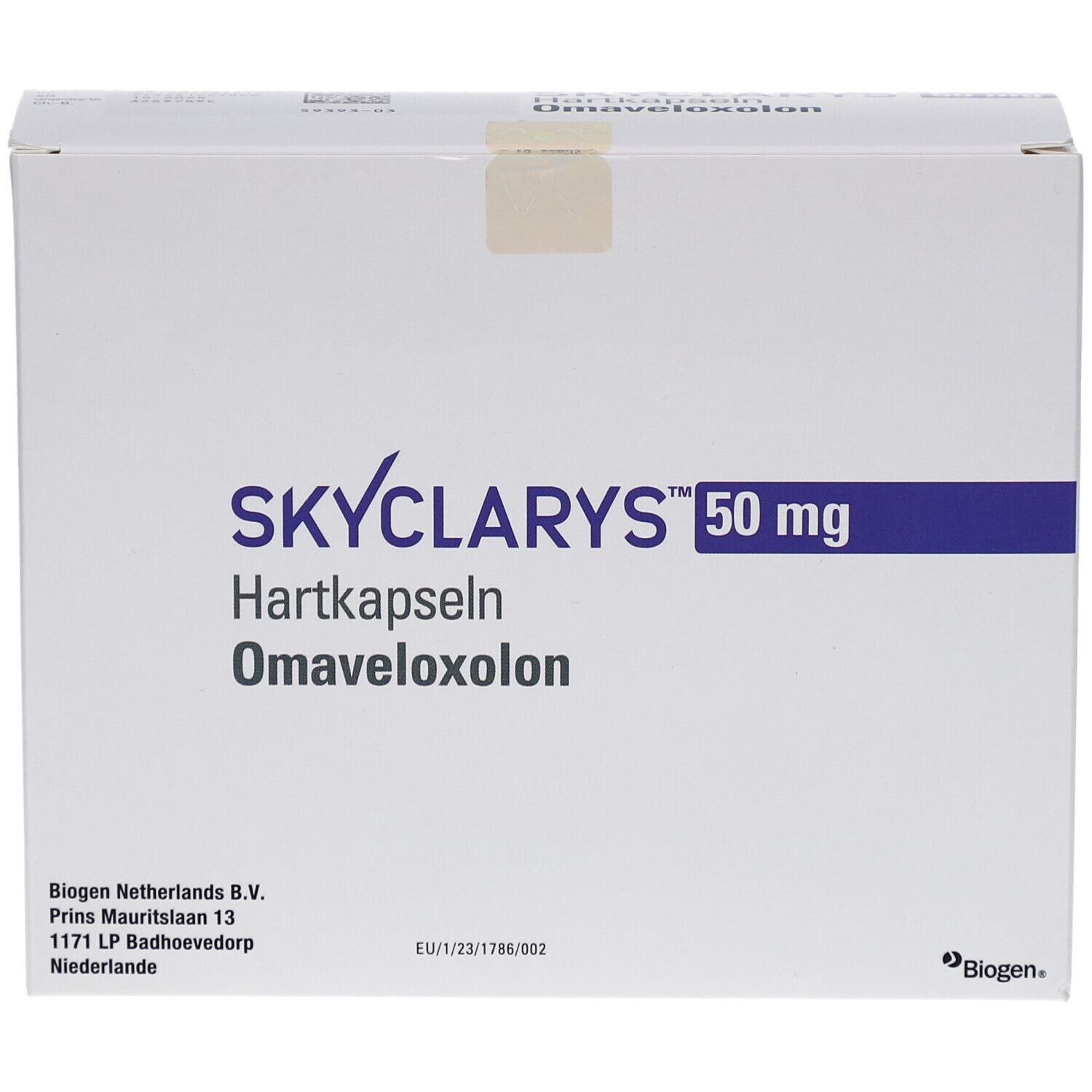 Weiße Schachtel mit SKYCLARYS 50 mg Hartkapseln, Omaveloxolon. Biogen-Logo unten rechts.