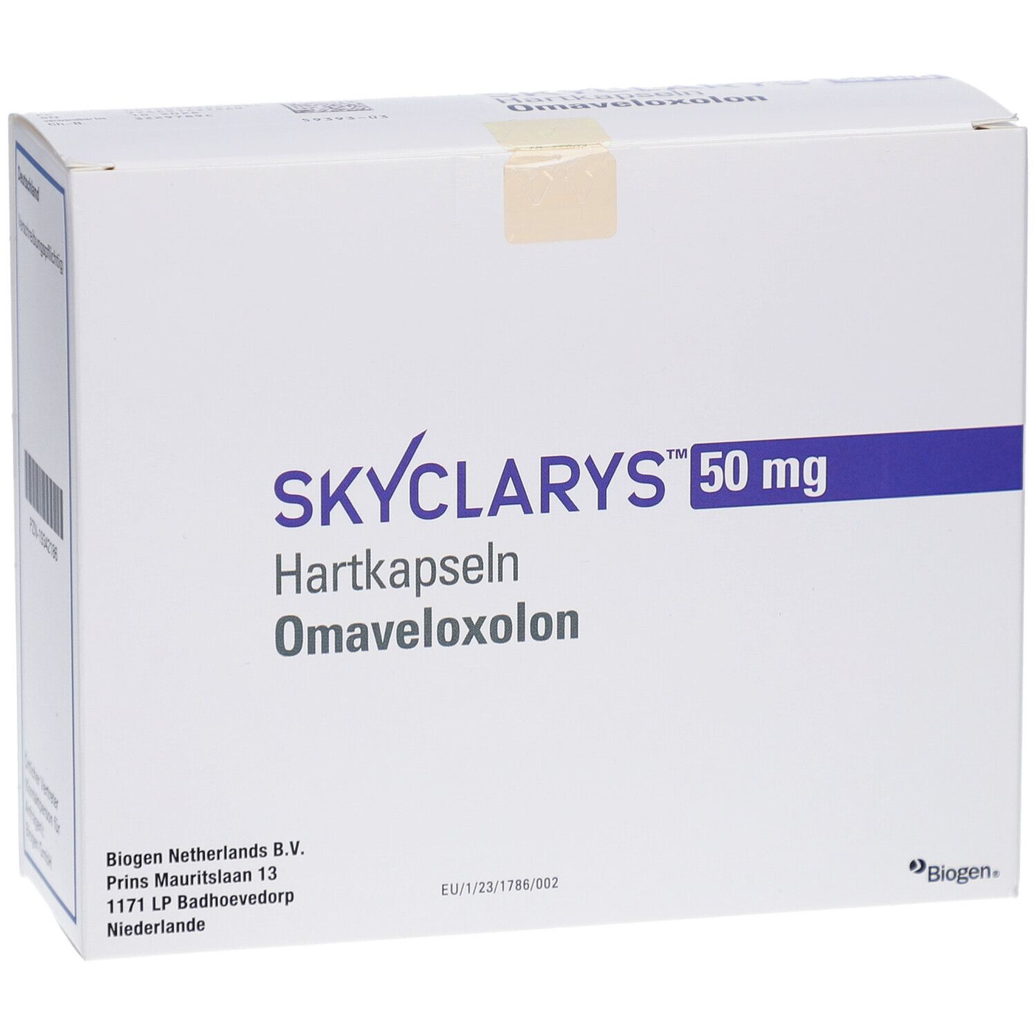 Weiße Schachtel mit SKYCLARYS 50 mg Hartkapseln, Omaveloxolon. Biogen-Logo unten rechts.