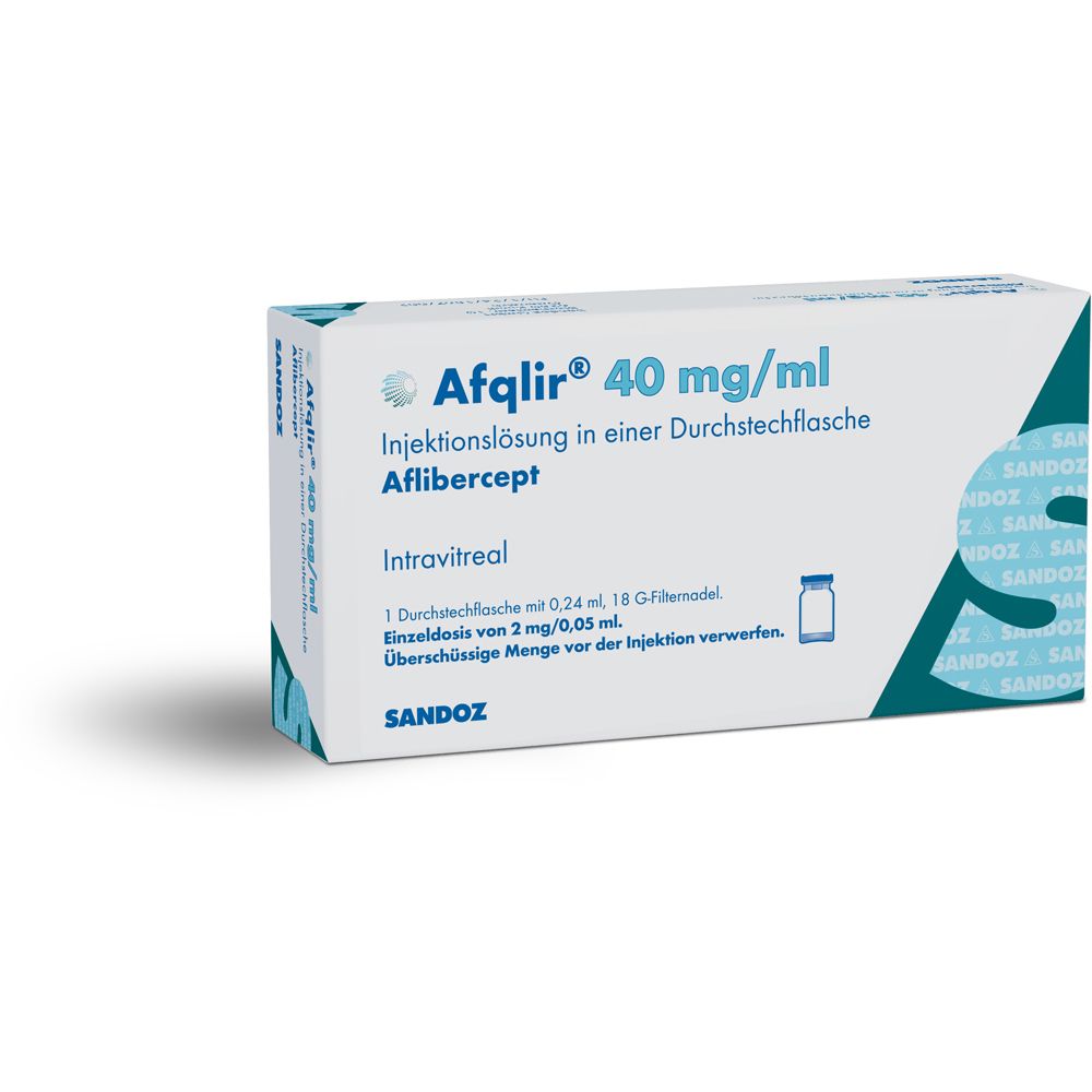 Afqlir 40 mg/ml Injektionslösung in einer Durchstechflasche, Aflibercept, Intravitreal, Sandoz.