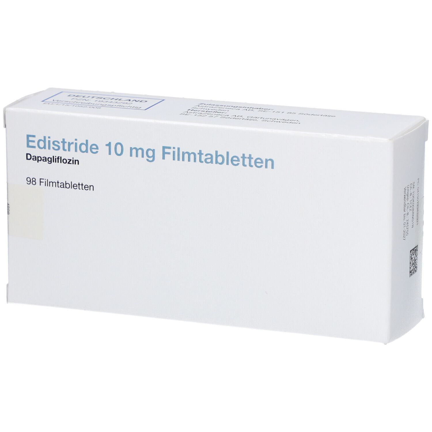 Schachtel EDISTRIDE 10 mg Filmtabletten. Enthält 98 Tabletten. Aufschrift: Dapagliflozin.