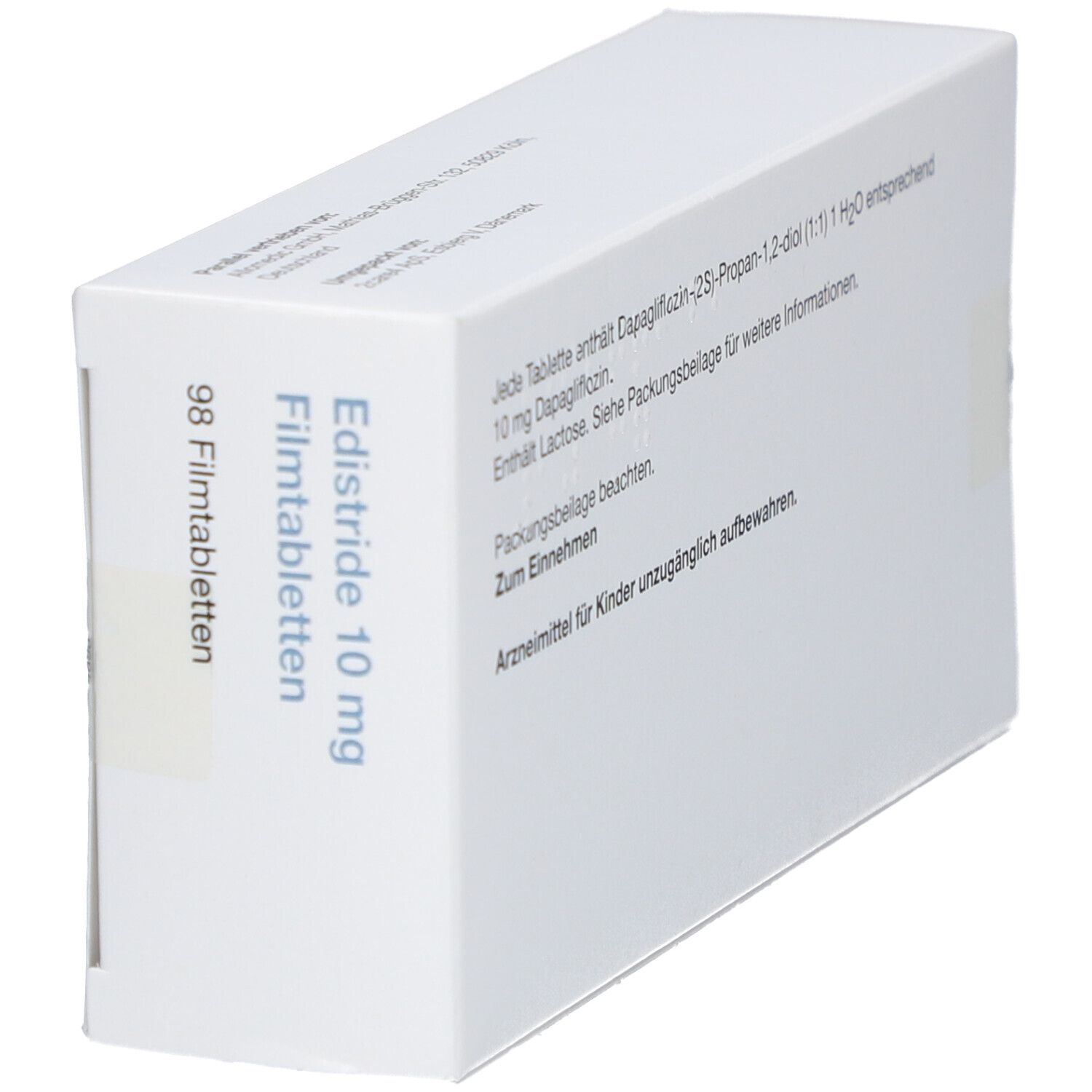 Schachtel EDISTRIDE 10 mg Filmtabletten. Enthält 98 Tabletten. Aufschrift: Dapagliflozin. Seitenansicht.