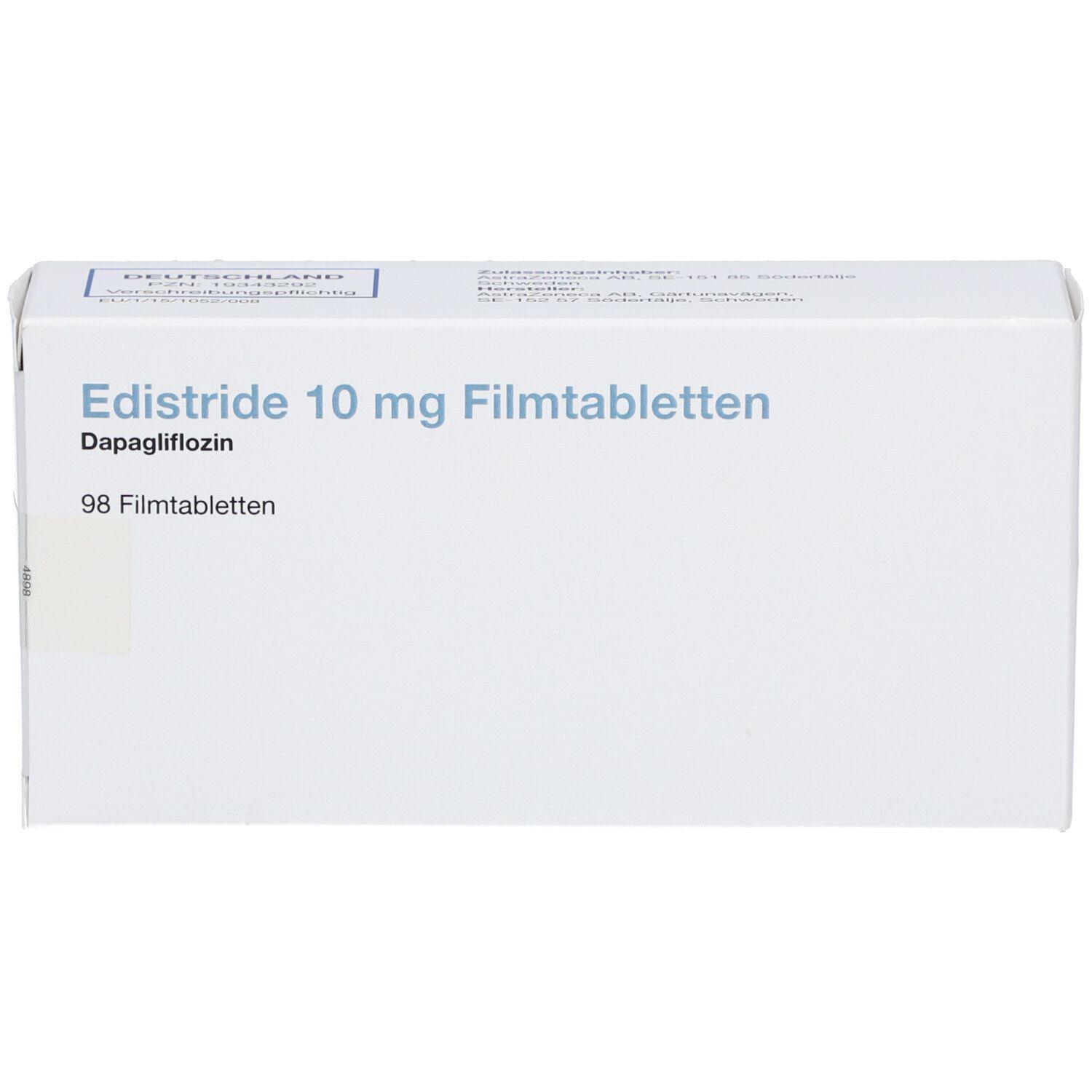Schachtel EDISTRIDE 10 mg Filmtabletten. Enthält 98 Tabletten. Aufschrift: Dapagliflozin.