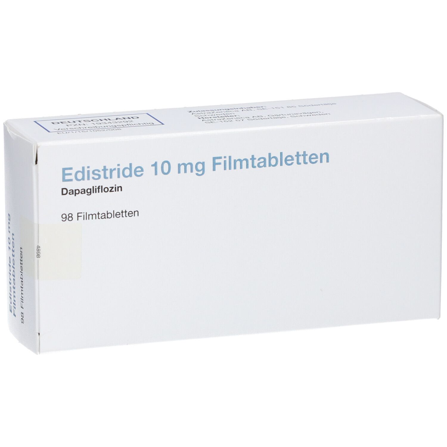 Schachtel EDISTRIDE 10 mg Filmtabletten. Enthält 98 Tabletten. Aufschrift: Dapagliflozin.