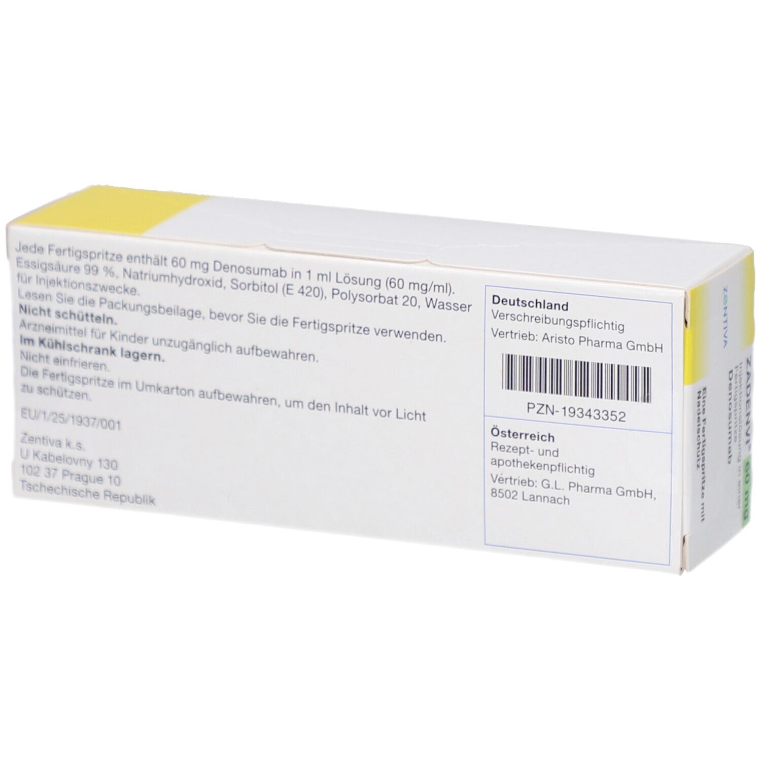 Rückseite der ZADENVI 60 mg Schachtel. Textinformationen, Barcode und PZN-Nummer.