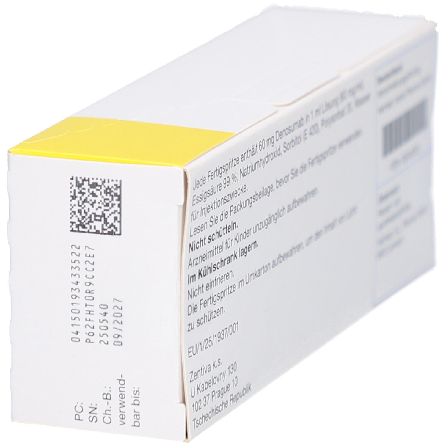 ZADENVI 60 mg Schachtel, Rückseite. Text, Barcode und Verfallsdatum. Zentiva Logo.