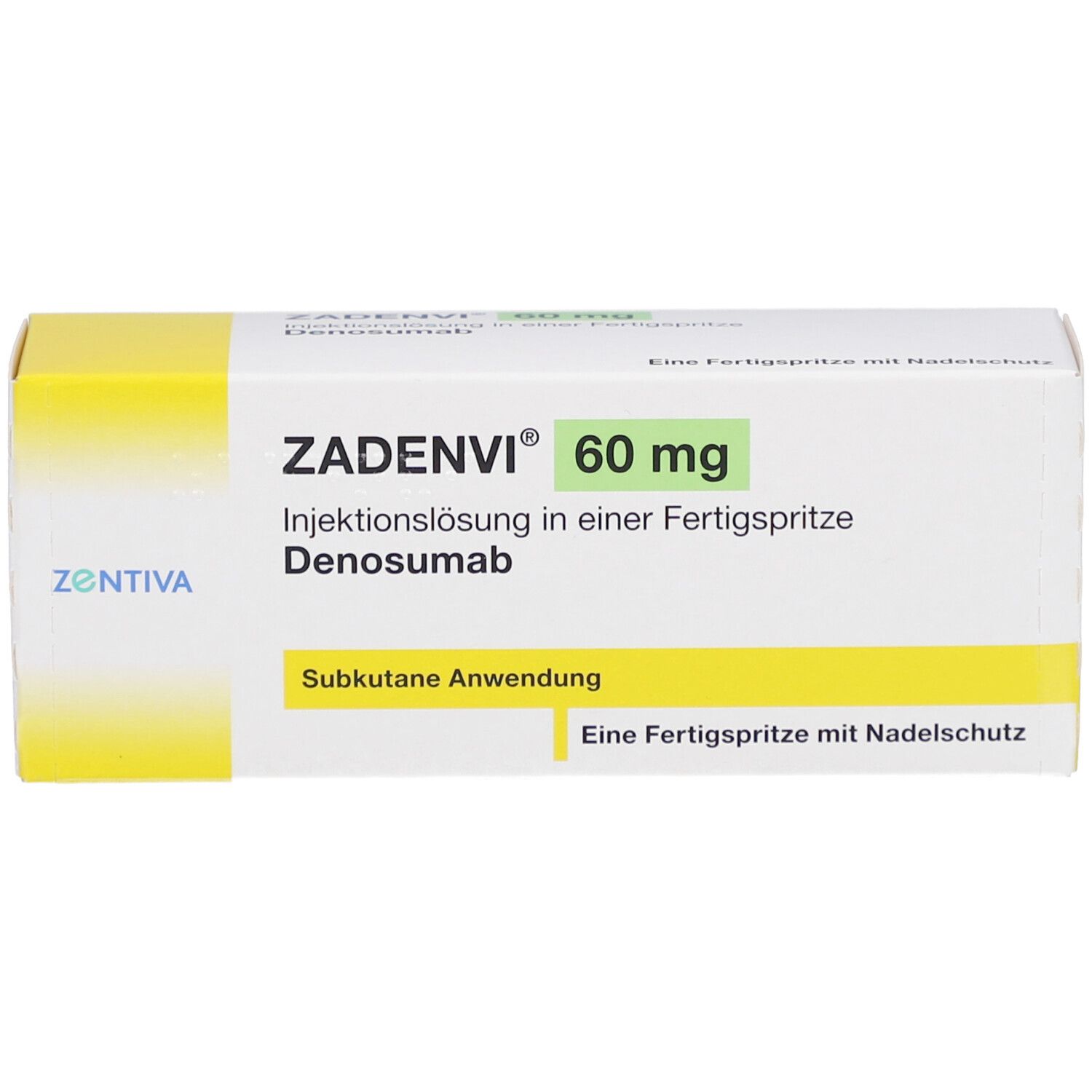 ZADENVI 60 mg Injektionslösung in Fertigspritze. Weiße Schachtel mit gelbem Deckel. Zentiva Logo.