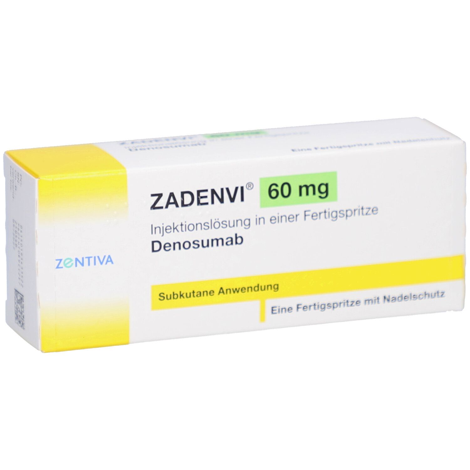ZADENVI 60 mg Injektionslösung in Fertigspritze. Weiße Schachtel mit gelbem Deckel. Zentiva Logo.