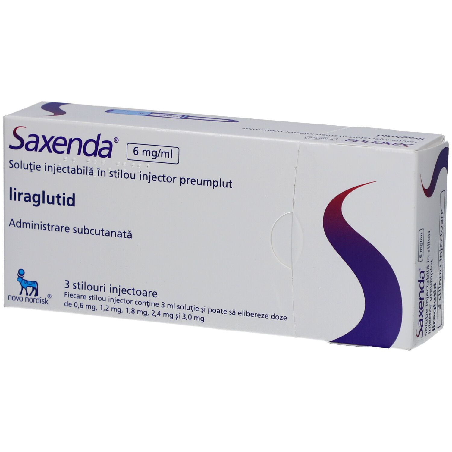 Verpackung von Saxenda 6 mg/ml. Enthält 3 Injektionsstifte. Aufschrift: liraglutid, subkutane Verabreichung.