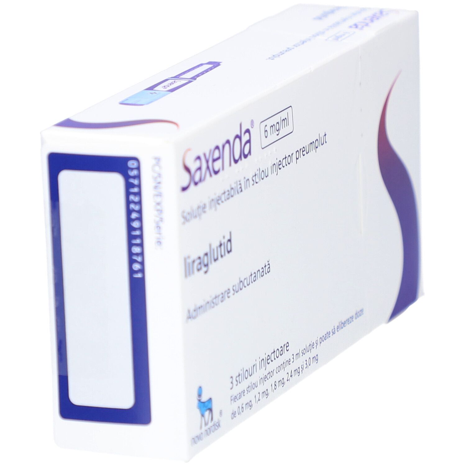 Verpackung von Saxenda 6 mg/ml. Enthält 3 Injektionsstifte. Aufschrift: liraglutid, subkutane Verabreichung.