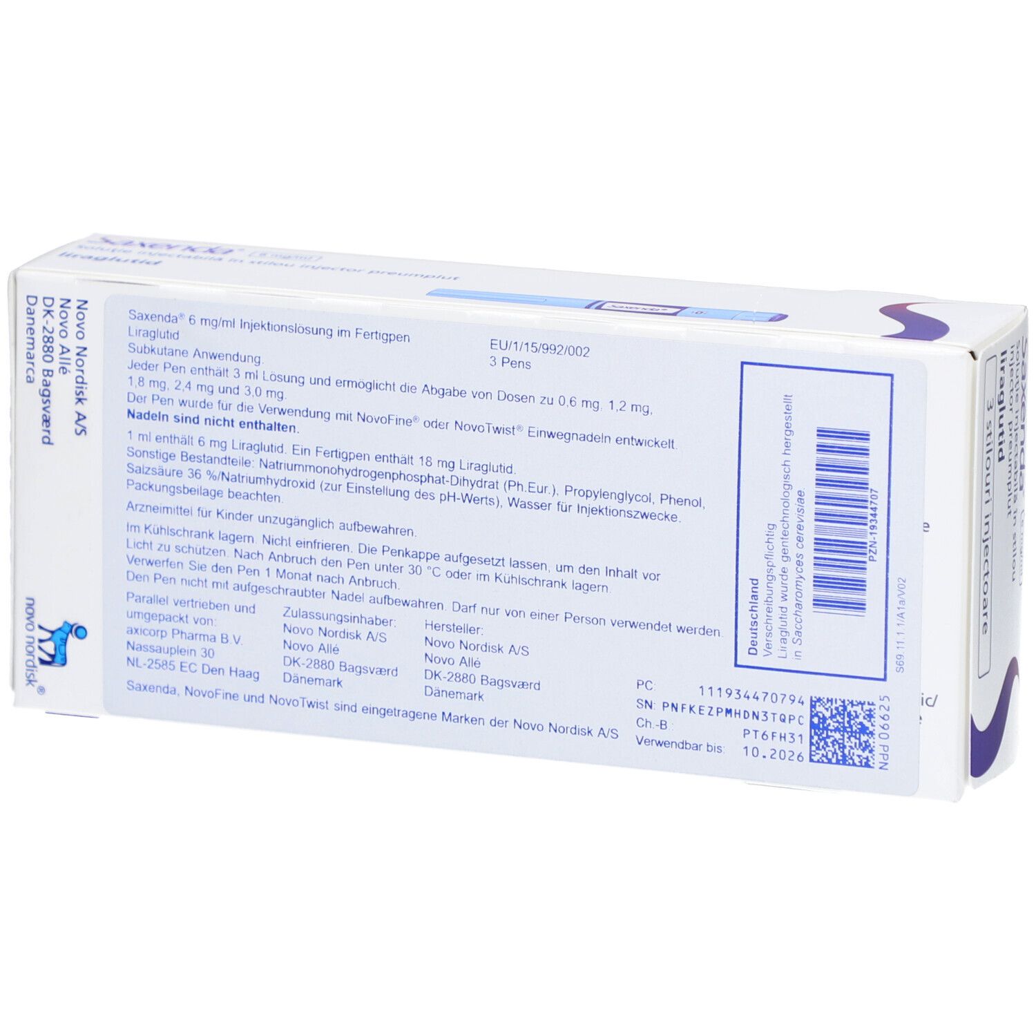 Rückseite der Saxenda-Verpackung. Enthält Informationen zu Dosierung, Inhaltsstoffen und Hersteller.