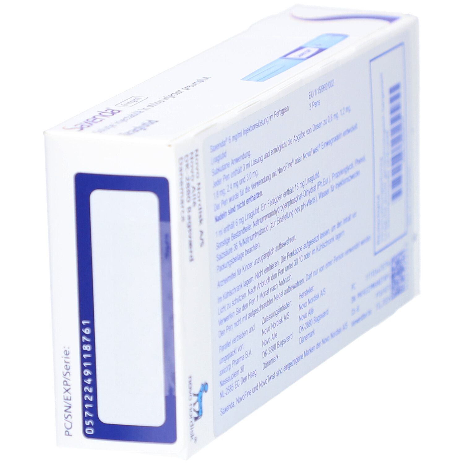 Rückseite der Saxenda-Verpackung. Enthält Informationen zu Dosierung, Inhaltsstoffen und Hersteller.