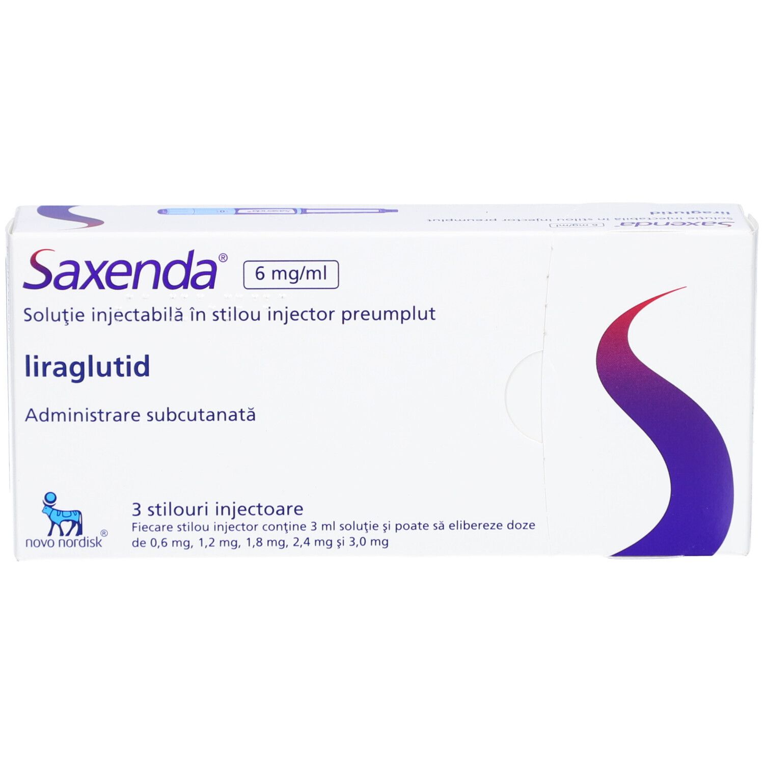 Verpackung von Saxenda 6 mg/ml. Enthält 3 Injektionsstifte. Aufschrift: liraglutid, subkutane Verabreichung.