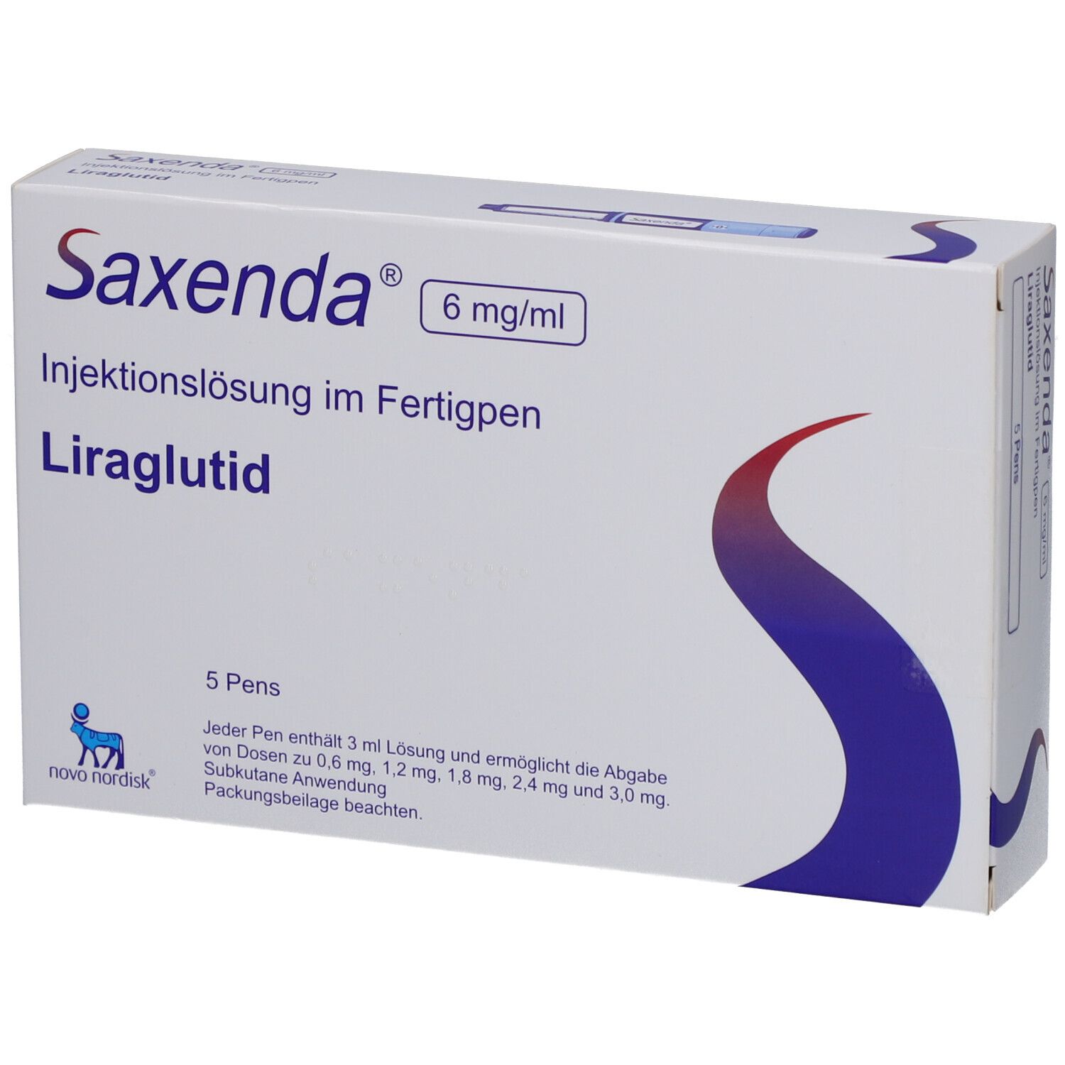 Weiße Schachtel mit "Saxenda" und "6 mg/ml" Aufdruck. Enthält 5 Pens. Blaue und rote Designelemente.