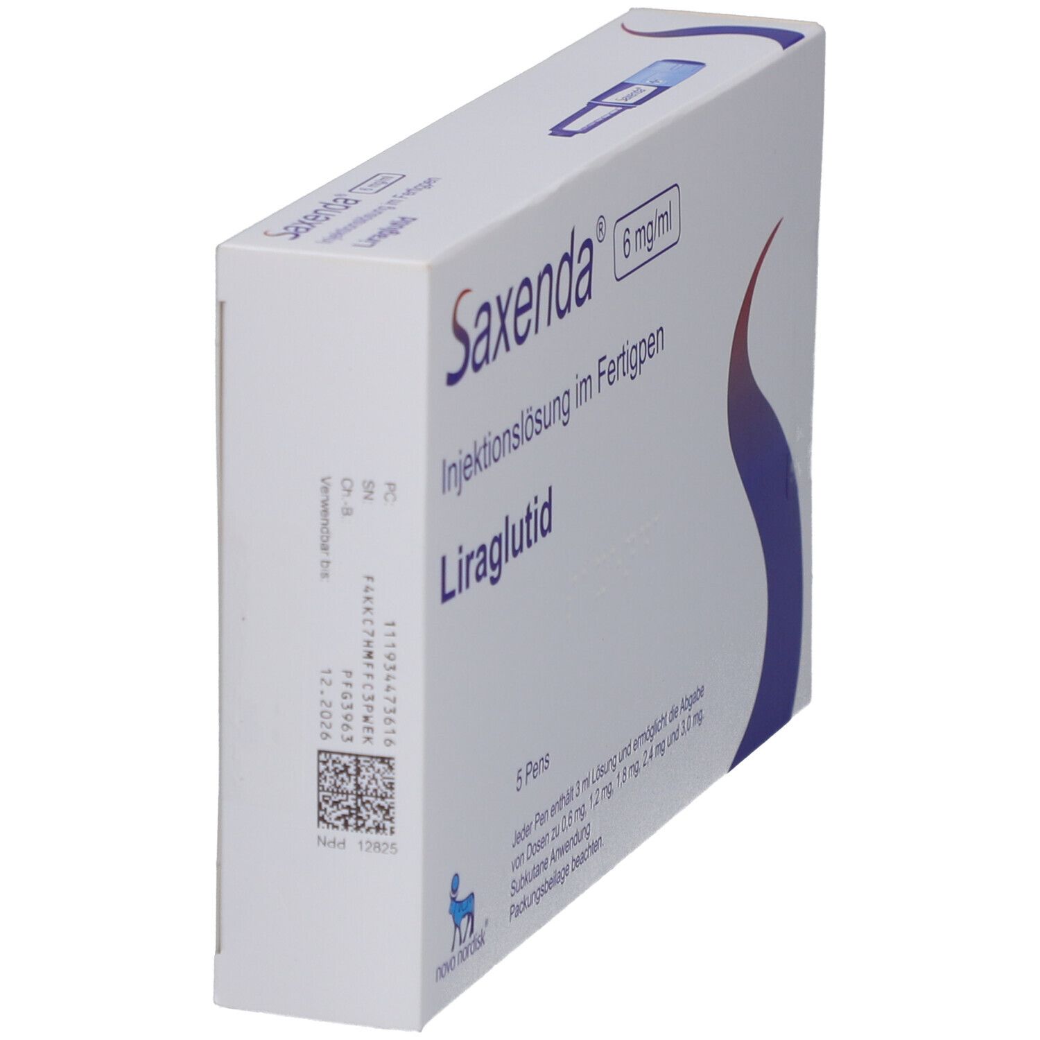 Schachtel "Saxenda" mit "6 mg/ml". Seitenansicht. Enthält 5 Pens. Weiße Verpackung mit blauen und roten Elementen.