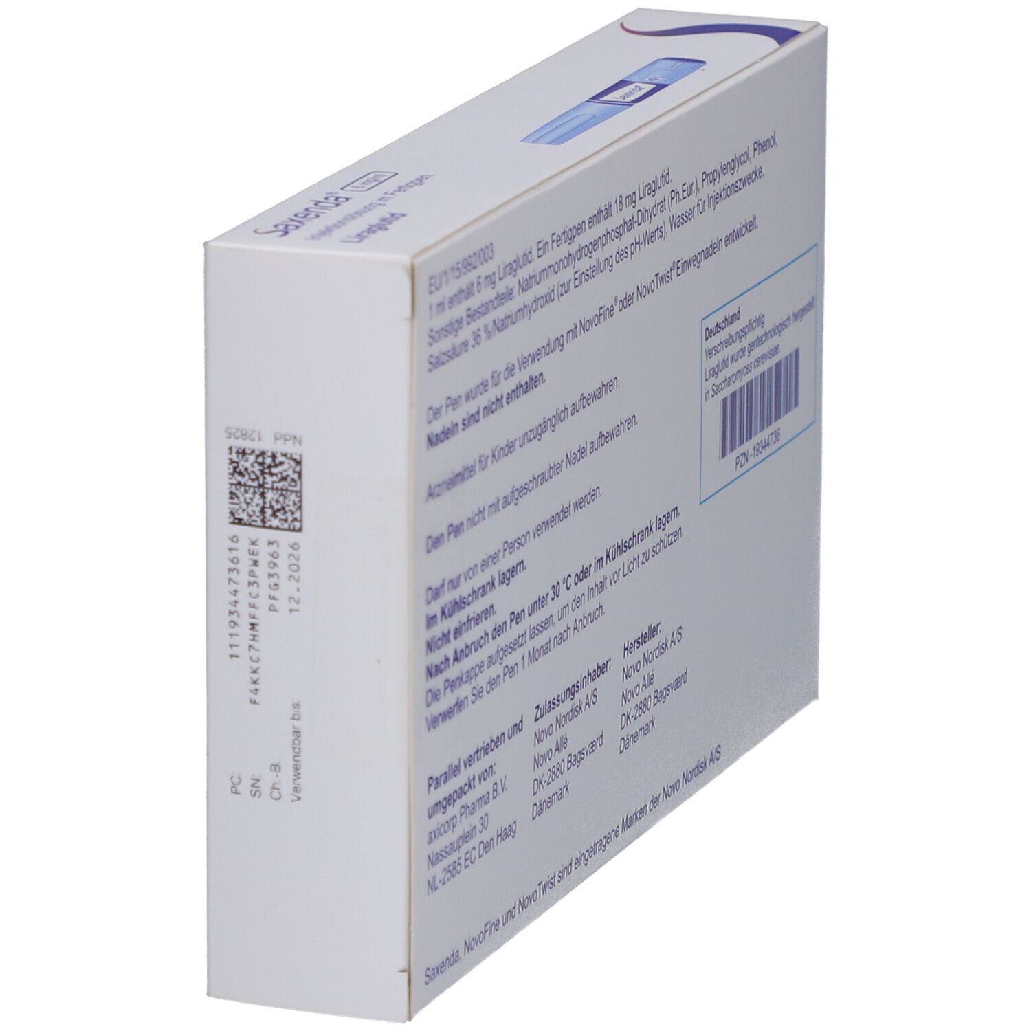 Rückseite der "Saxenda"-Verpackung. Enthält Informationen und Herstellerangaben. Weiße Verpackung.