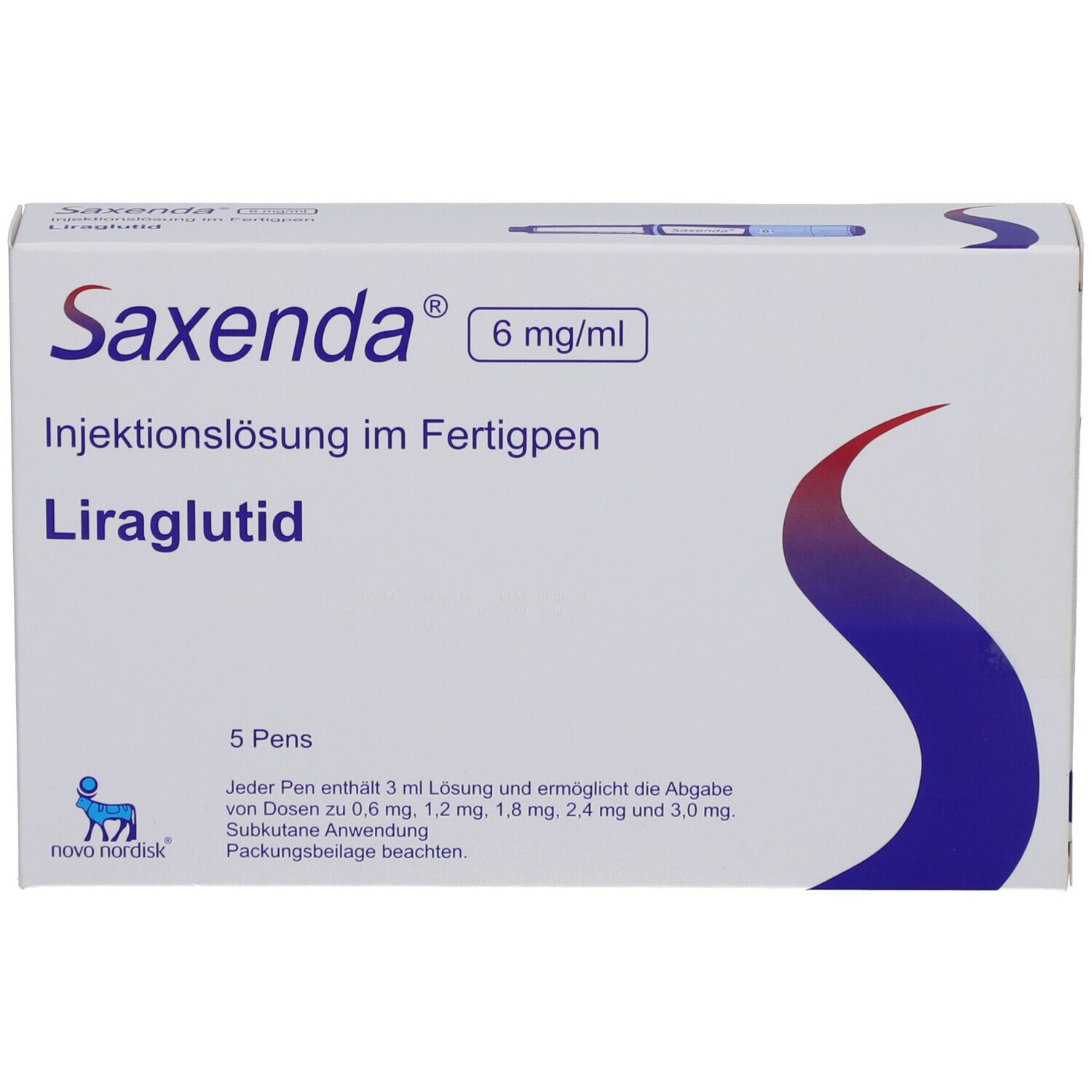 Weiße Schachtel mit "Saxenda" und "6 mg/ml" Aufdruck. Enthält 5 Pens. Blaue und rote Designelemente.