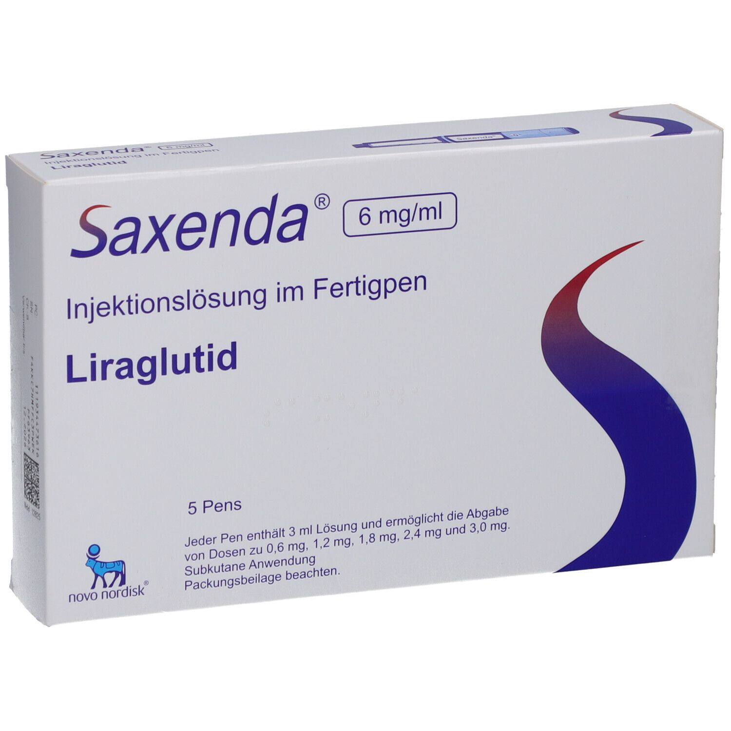 Weiße Schachtel mit "Saxenda" und "6 mg/ml" Aufdruck. Enthält 5 Pens. Blaue und rote Designelemente.