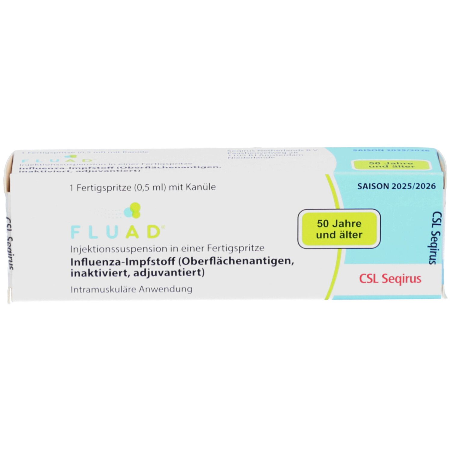 FLUAD-Schachtel, Ansicht von oben. Text: FLUAD, Saison 2025/2026, 50 Jahre und älter, CSL Seqirus.