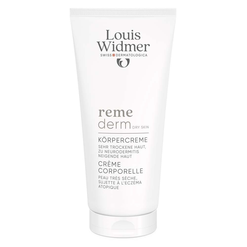 Weiße Tube Louis Widmer® Remederm Körpercreme. Text: reme derm DRY SKIN, Körpercreme, sehr trockene Haut. Logo und Schriftzug.