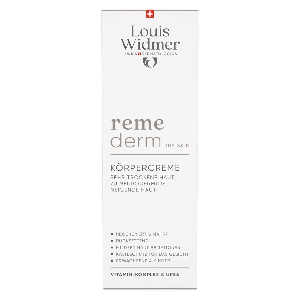 Weiße Verpackung Louis Widmer® Remederm Körpercreme. Text: reme derm DRY SKIN, Körpercreme, sehr trockene Haut. Logo und Schriftzug.