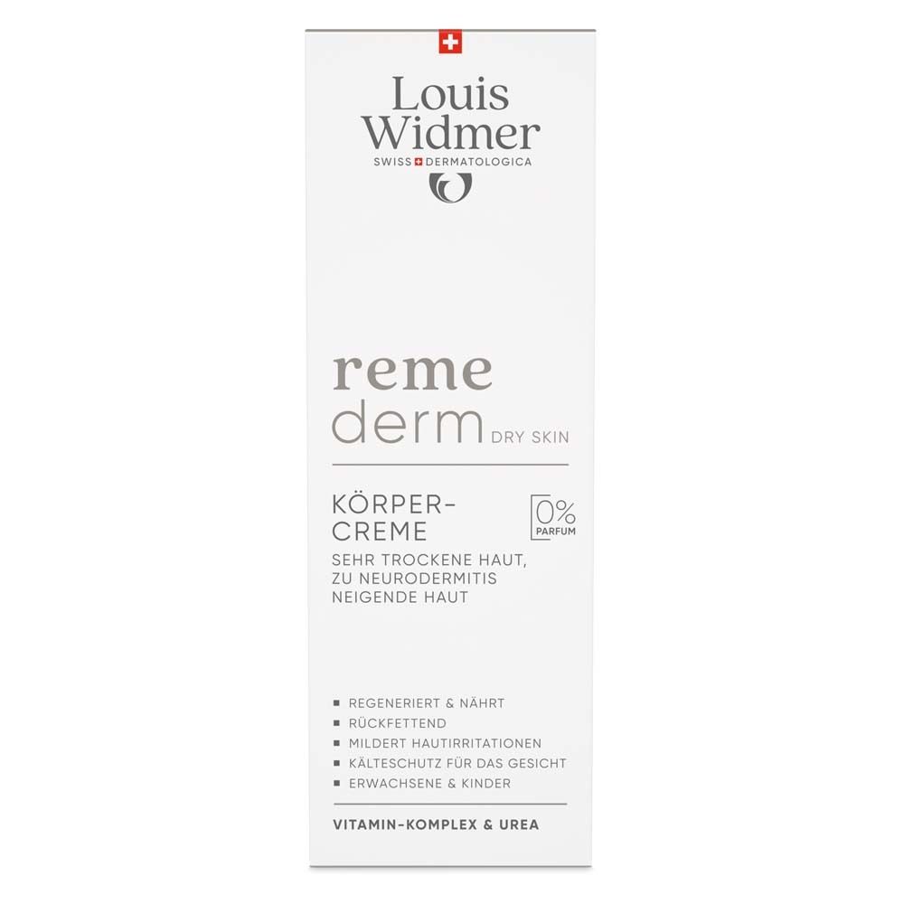 Weiße Verpackung mit Produktaufschrift. Marke Louis Widmer, Produktname Remederm Körpercreme. Für trockene Haut.