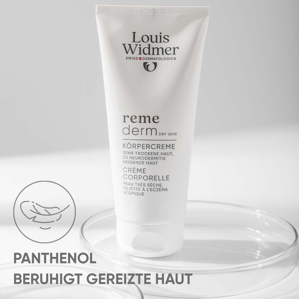 Weiße Tube mit Louis Widmer Logo und Schriftzug. Produktname: remederm Körpercreme. Text: Panthenol beruhigt gereizte Haut.