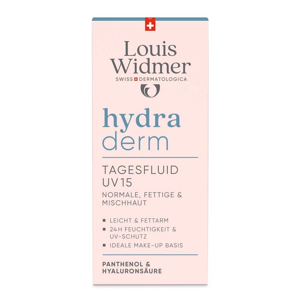 Rosa Schachtel mit Louis Widmer Logo und Produktnamen hydra derm. Text: Tagesfluid UV15, für normale, fettige & Mischhaut.