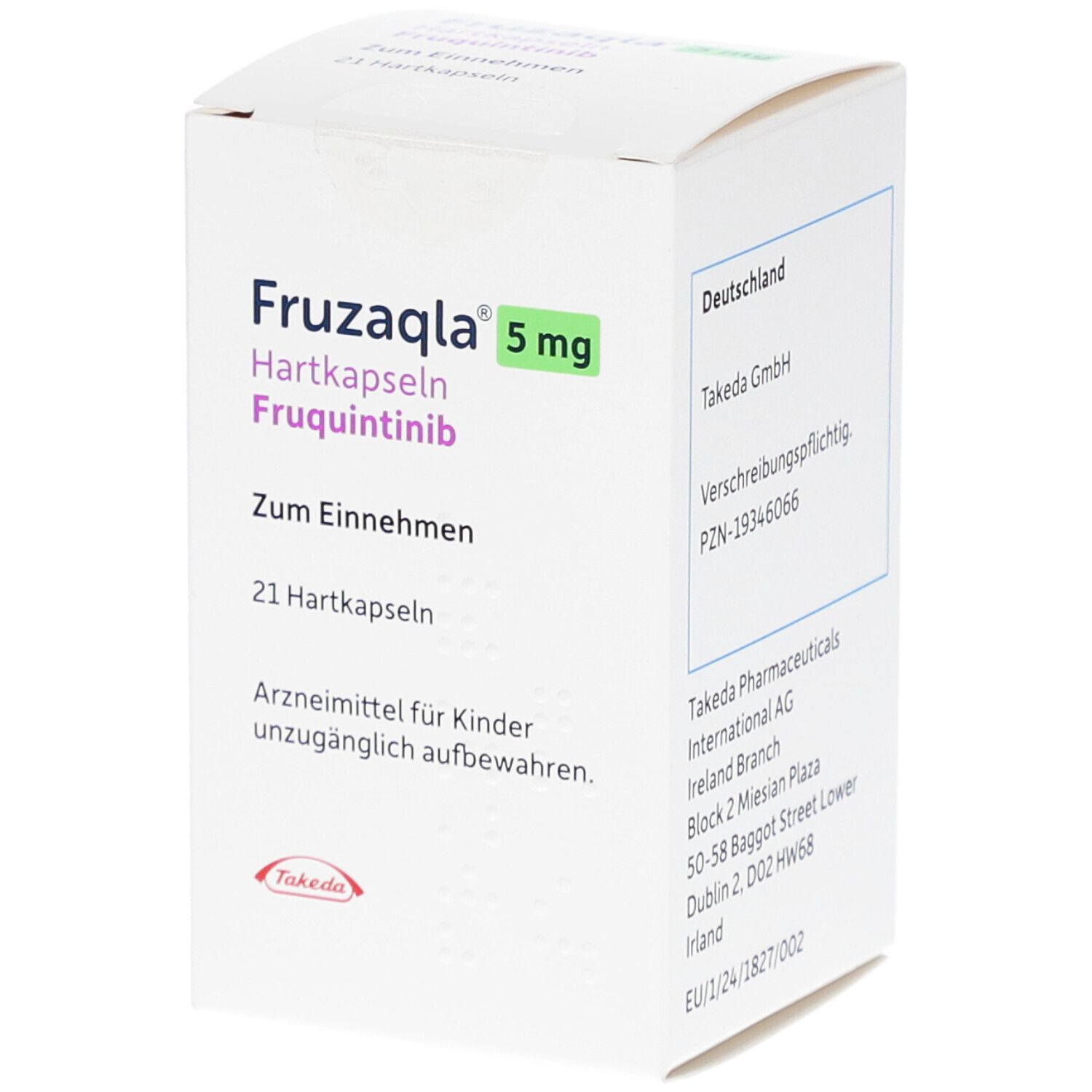 Weiße Schachtel mit FRUZAQLA 5 mg Hartkapseln. Aufschrift: Fruquintinib, 21 Hartkapseln, Takeda-Logo.